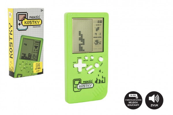 Digitální hra Padající kostky hlavolam plast 7x14cm zelená na baterie se zvukem v krabičce 7,5x1