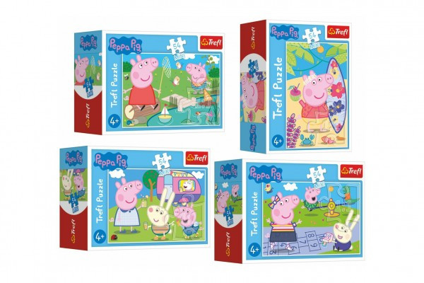 Minipuzzle 54 dílků Šťastný den Prasátka Peppy/Peppa Pig 4 druhy v krabičce 9x6,5x3,5cm 40ks v b