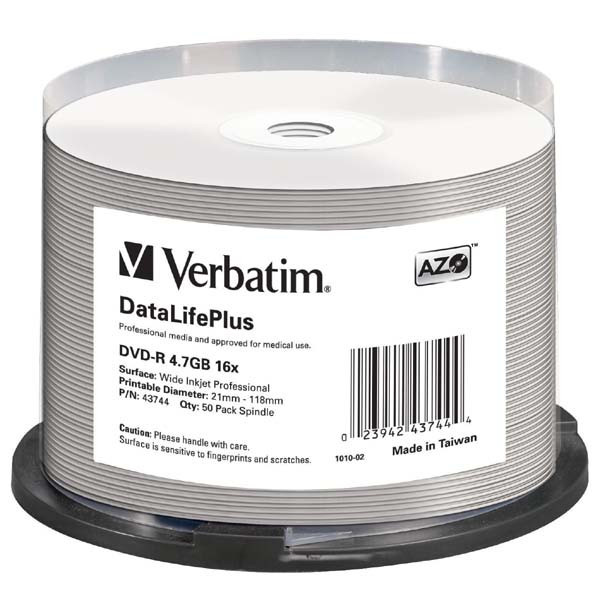 Verbatim DVD-R, 43744, DataLife PLUS, 50-pack, 4.7GB, 16X, 12cm, General, Wide Printable Surface
