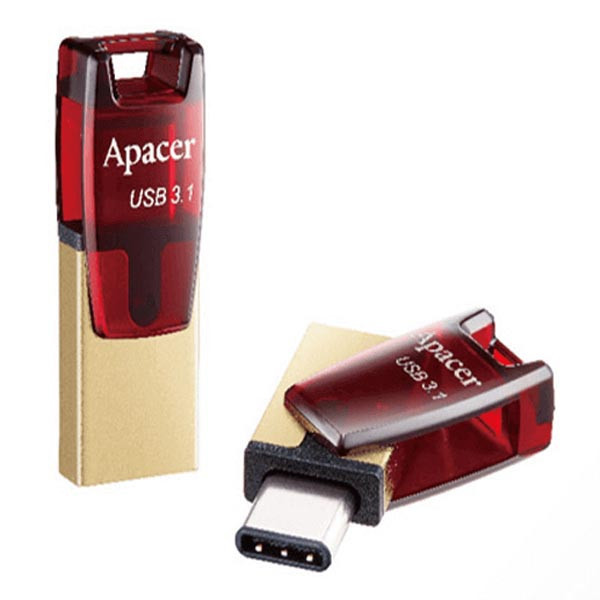 Apacer USB flash disk OTG, USB 3.0 (3.2 Gen 1), 16GB, AH180, červený, AP16GAH180R-1, USB A / USB