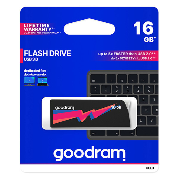 Goodram USB flash disk, USB 3.0 (3.2 Gen 1), 16GB, UCL3, černý, UCL3-0160K0R11, USB A, s výsuvný
