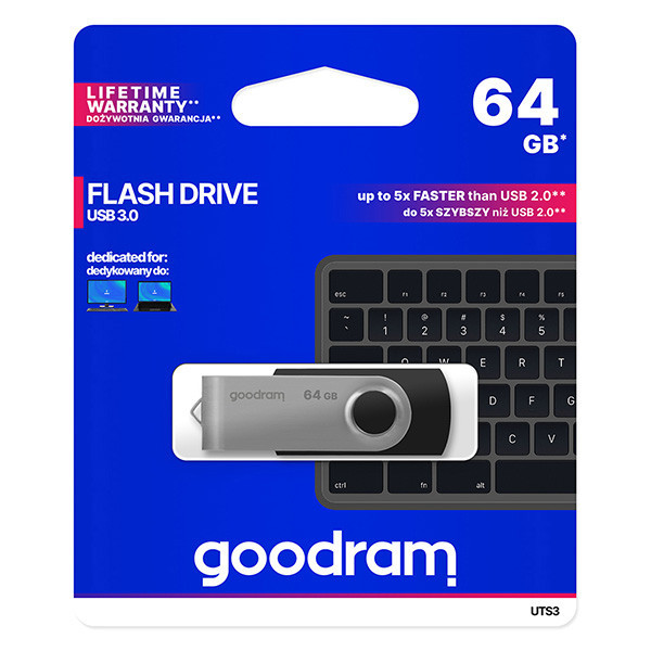 Goodram USB flash disk, USB 3.0 (3.2 Gen 1), 64GB, UTS3, černý, UTS3-0640K0R11, USB A, s otočnou