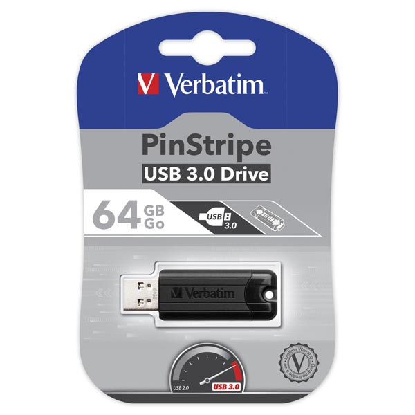 Verbatim USB flash disk, USB 3.0 (3.2 Gen 1), 64GB, PinStripe, Store N Go, černý, 49318, USB A,