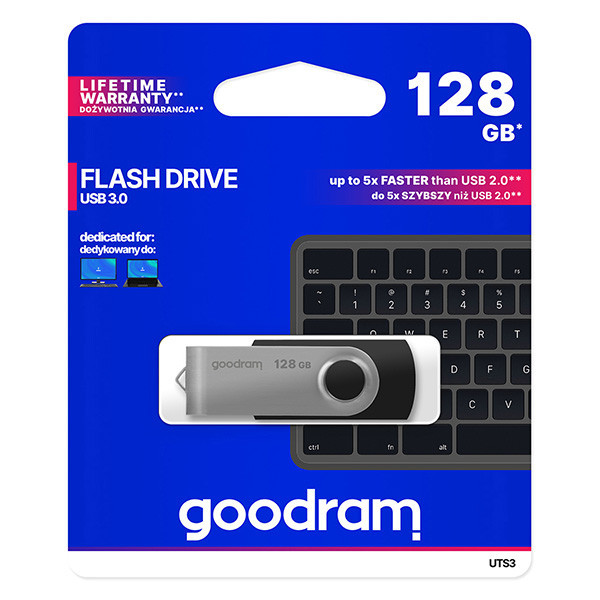 Goodram USB flash disk, USB 3.0 (3.2 Gen 1), 128GB, UTS3, černý, UTS3-1280K0R11, USB A, s otočno