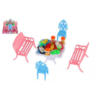 Nábytek pro panenky/stůl a židle plast 4 barvy v blistru 14x11x16cm
