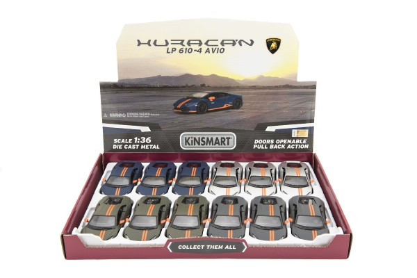 Auto Kinsmart Lamborghini Huracan kov/plast 12cm na zpětné natažení 4 barvy 12ks v boxu