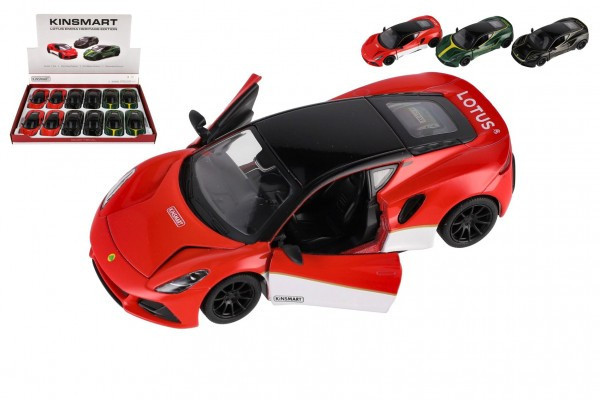 Auto Kinsmart Lotus Emira 1:38 kov/plast 12,5cm 3 barvy na zpětné natažení 12ks v boxu