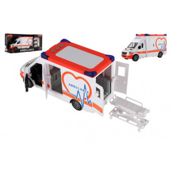 Auto ambulance plast 28cm s lehátkem na setrvačník se světlem se zvukem v krabici 39x18x12cm