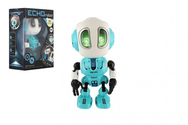 Robot ECHO opakující věty kovový 12cm modrý na baterie se zvukem se světlem v krabičce 10,5x15x5