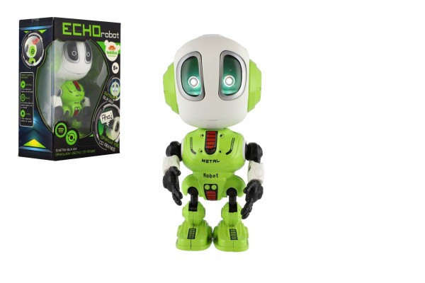 Robot ECHO opakující věty kovový 12cm zelený na baterie se zvukem, světlem v krabičce 10,5x15x5,