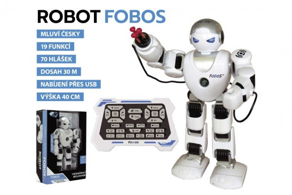 Robot RC FOBOS plast interaktivní chodící 40cm česky mluvící na baterie s USB v krabici 31x45x13
