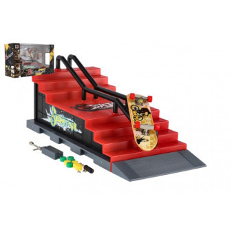 Skatepark - skateboard prstový šroubovací s rampou plast 8cm s doplňky mix druhů v krabici 28x18