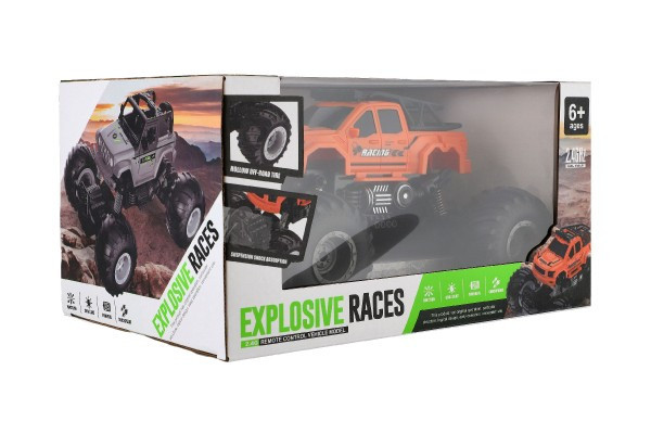 Auto RC pick up Off road terénní plast 23cm 2,4GHZ na baterie se světlem oranžový v krab. 30x15x