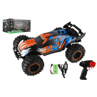 Auto RC Buggy rychlostní 2,4GHz plast 40cm dobíjecí pack+baterie oranžové-modré v krabici 42x21x