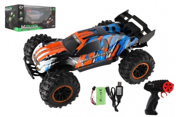 Auto RC Buggy rychlostní 2,4GHz plast 40cm dobíjecí pack+baterie oranžové-modré v krabici 42x21x