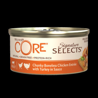 Konzerva Wellness Core Cat Selects Chunky kuře s krůtou v omáčce 79g