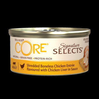 Konzerva Wellness Core Cat Selects Shredded kuře s játry v omáčce 79g