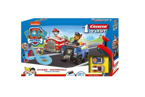 Autodráha Carrera First Paw Patrol/Tlapková Patrola 2,9m plast +2 auta na bat. v krabici 50x30x7