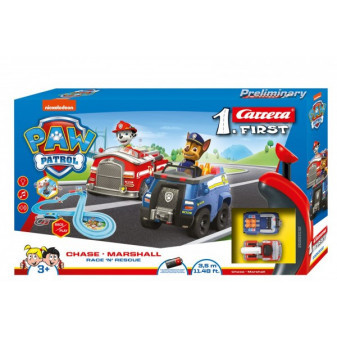 Autodráha Carrera First Paw Patrol/Tlapková Patrola 3,5m plast +2 auta na bat. v krabici 50x30x8