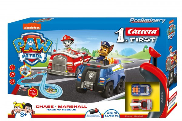 Autodráha Carrera First Paw Patrol/Tlapková Patrola 3,5m plast +2 auta na bat. v krabici 50x30x8