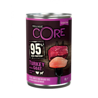 Konzerva Wellness Core Dog 95% Protein Adult krůta, koza a batáta 400g