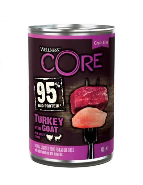 Konzerva Wellness Core Dog 95% Protein Adult krůta, koza a batáta 400g