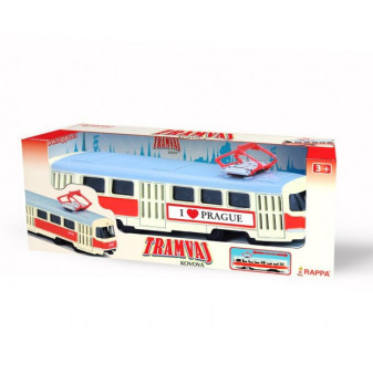 Tramvaj Tatra T3 česká kovová 16cm I LOVE PRAGUE retro na zpětný chod v krabičce 20x8x6cm CZ des