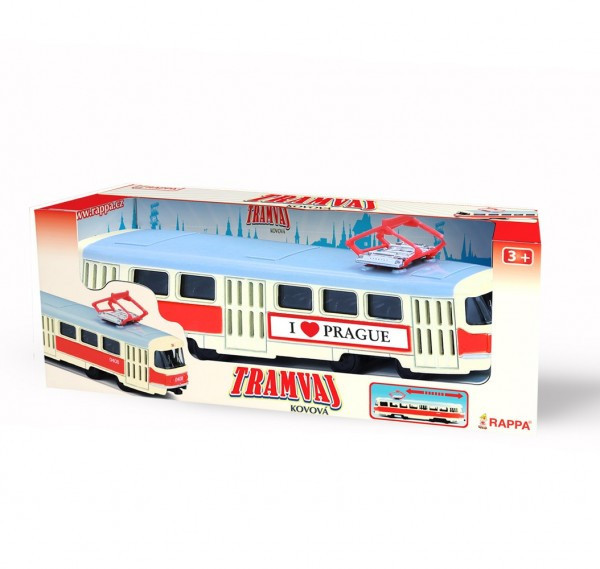 Tramvaj Tatra T3 česká kovová 16cm I LOVE PRAGUE retro na zpětný chod v krabičce 20x8x6cm CZ des