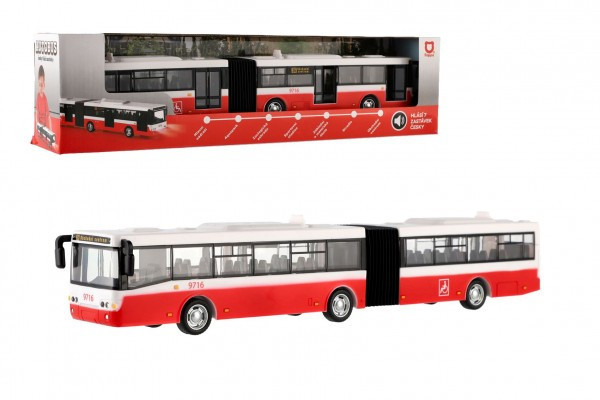 Autobus česky mluvící plast 36cm červený zpětný chod na bat. se světem se zvukem v krab. 40x10x7