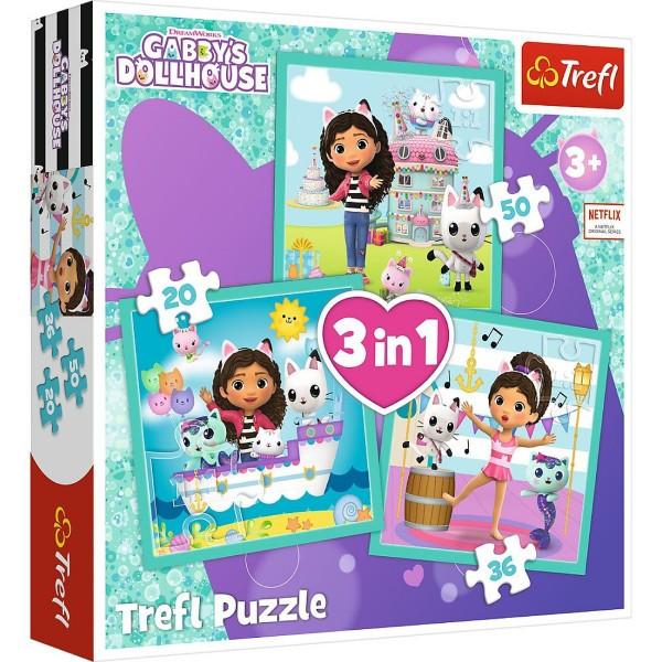 Puzzle 3v1 Gabbyiny aktivity/Gabby´s Dollhouse 20x19,5cm v krabici 28x28x6cm