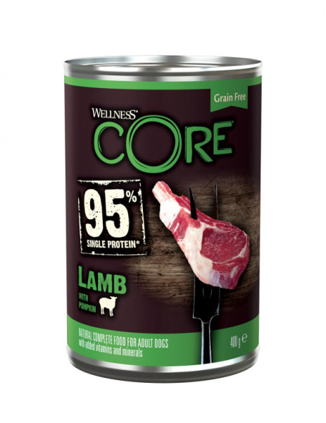 Konzerva Wellness Core Dog 95% Protein Adult jehněčí s dýní 400g