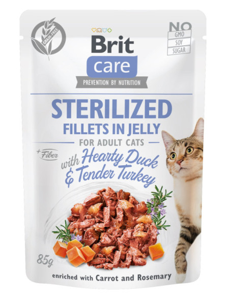 Kapšička Brit Care Cat Sterilized. Fillets in Jelly with Hearty Duck & Tender Turkey 85 g