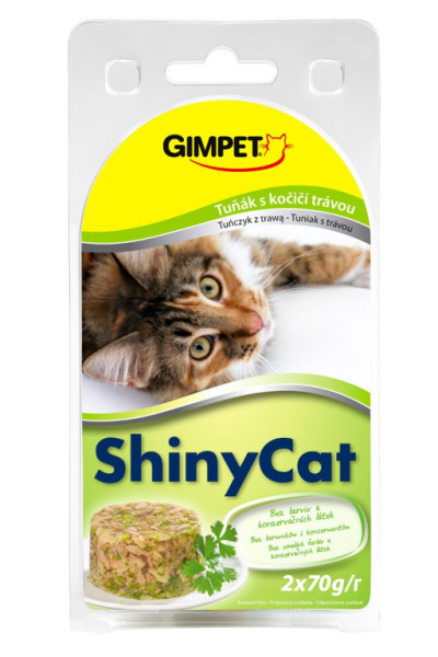 ShinyCat konzerva tuňák+kočičí tráva 2x70g