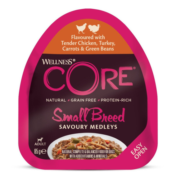 Konzerva Wellness Core Dog Savoury Medleys Adult Small kuře, krůta mrkev a fazole 85g