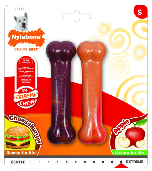 Nylabone hračka Extreme kost příchuť jablko a cheeseburger S 2ks