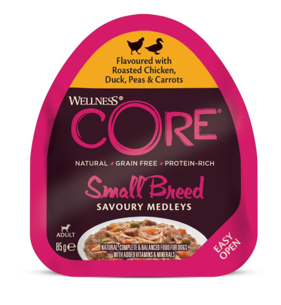 Konzerva Wellness Core Dog Savoury Medleys Adult Small kuře, kachna, hrášek a mrkev 85g