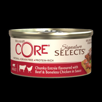 Konzerva Wellness Core Cat Selects Chunky kuře s hovězím v omáčce 79g